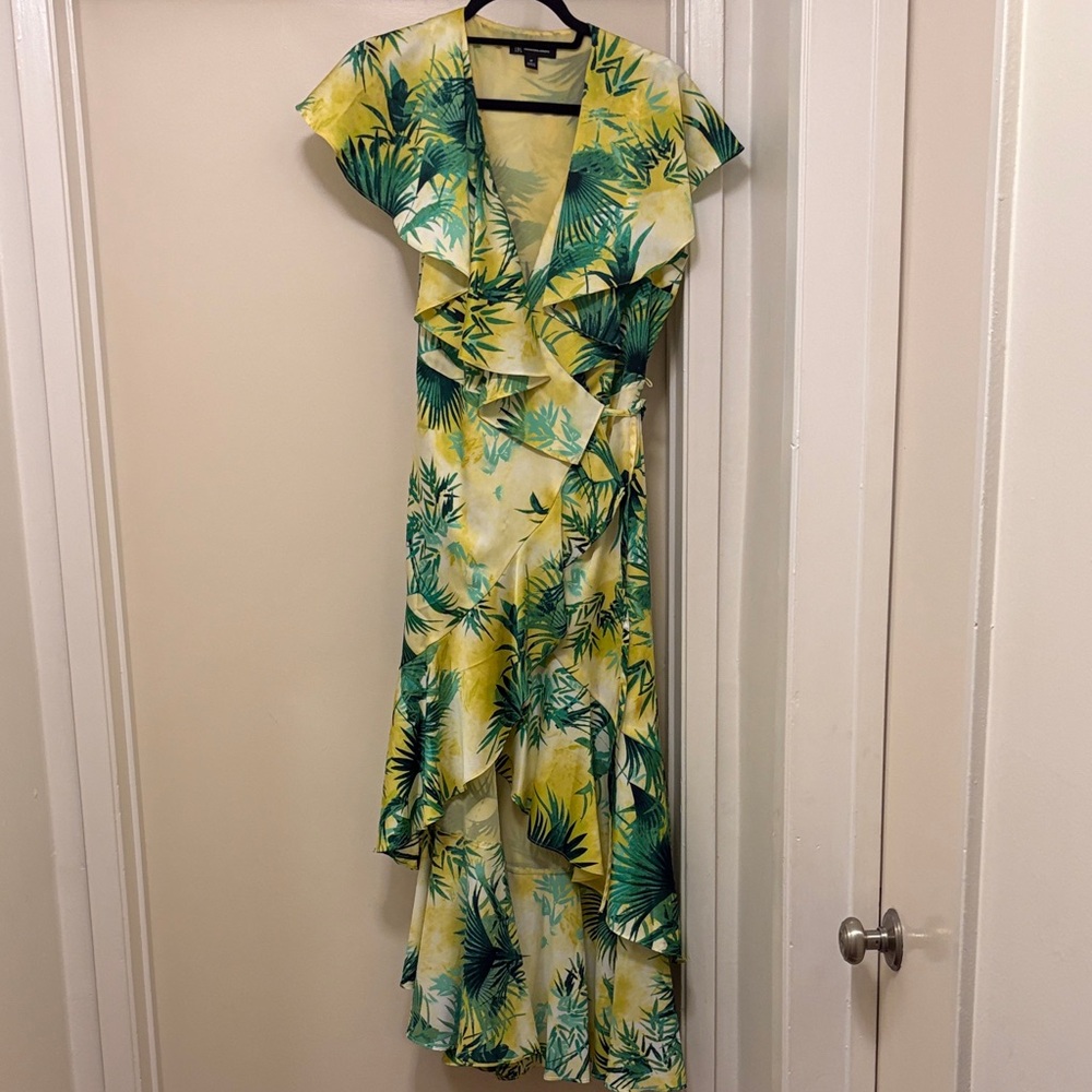 INC International Concepts Green and Yellow Ruffle Wrap Dress